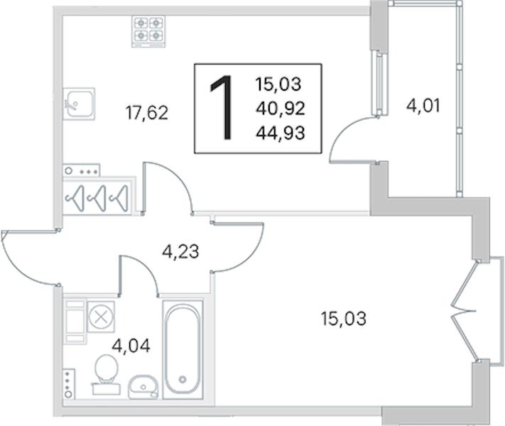 1-комнатная квартира 40.92 м², 3/4 эт., ЖК «Любоград в Стрельне»
